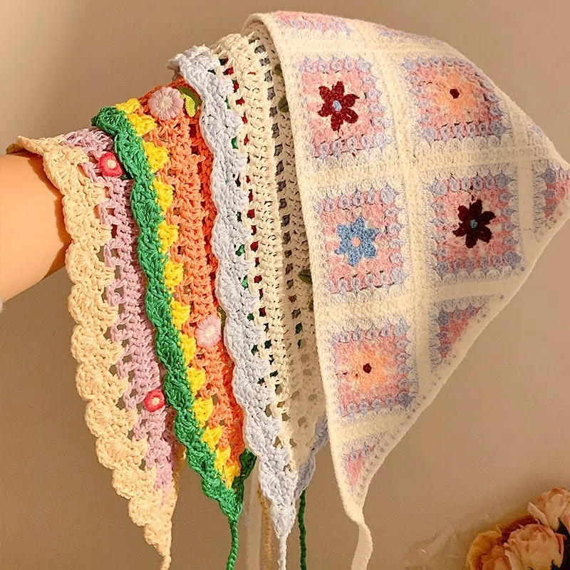 Korean Sweet Cute Handmade Crochet Hollow Triangle Headband Towel For Women Girls Flower Headscarf Hair Accessories
