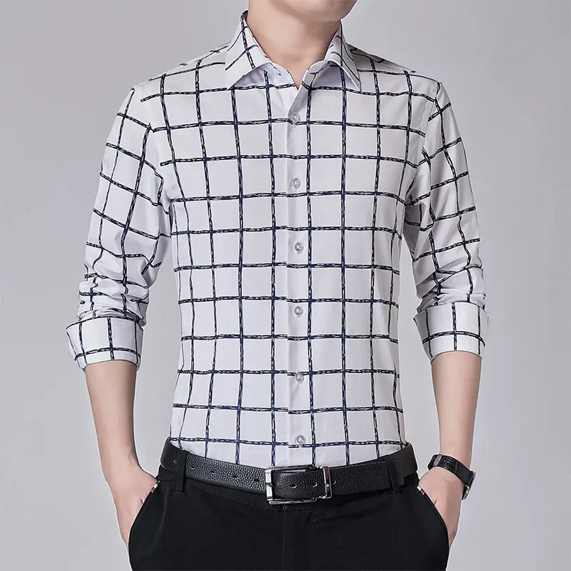 English Style Smart Casual Formal Slim Shirt Men Square Collar Button Patchwork Print Casual Non Ironing Long Sleeved Plaid Top