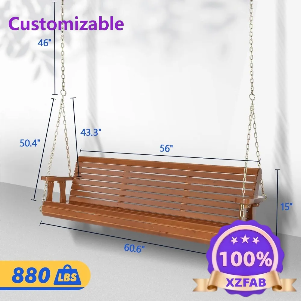 Factory Direct 2026 Heavy Duty 880LBS Patio Porch Swing Chair, 5FT Wooden Bench w/ Hanging Chains for Outdoor Garden, Brown
