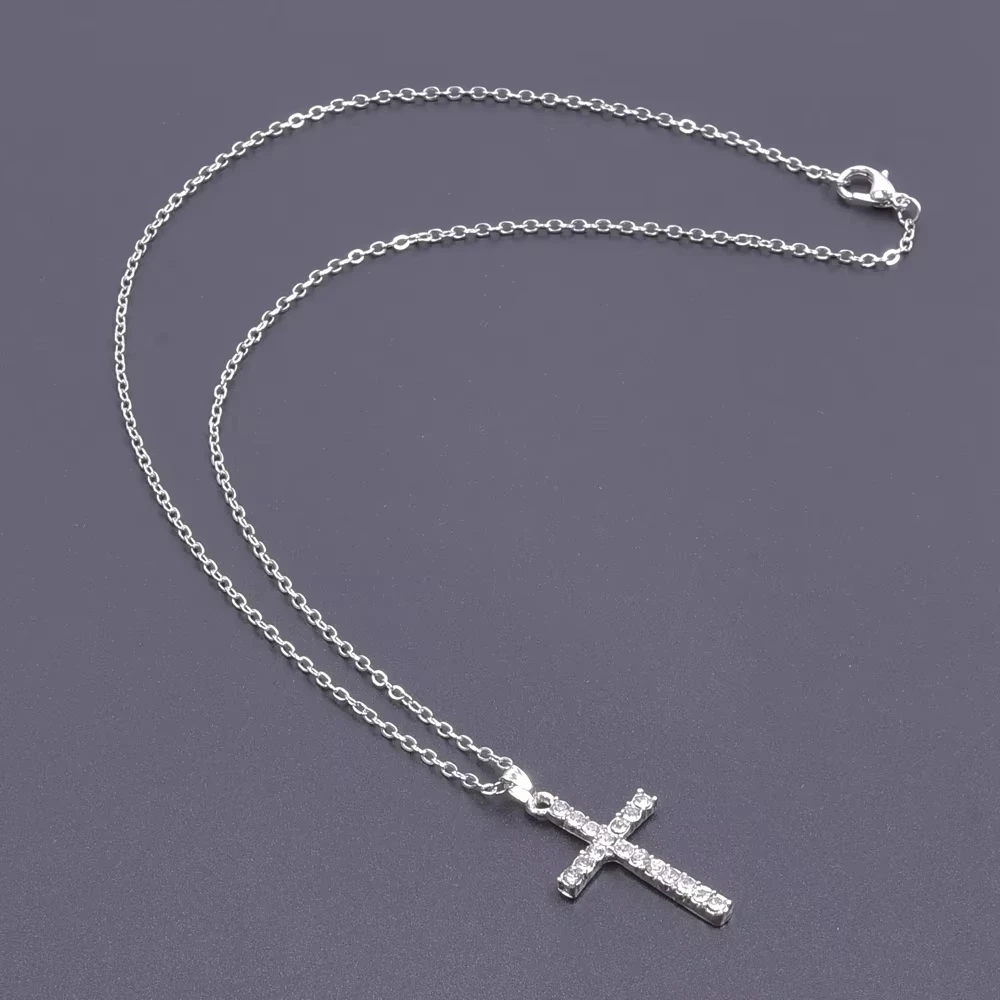 Simple Cross Pendant Necklace, Gold Silver Tone Zircon Inlaid Chain, Dainty Christian Jewelry for Women, Everyday Wear Religious