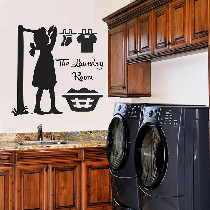 Laundry Room Decoration Wall Decals Vinyl Interior Modern Home Decor Laundry Room Girl Drying Clothes Pattern Sticker Mural A998