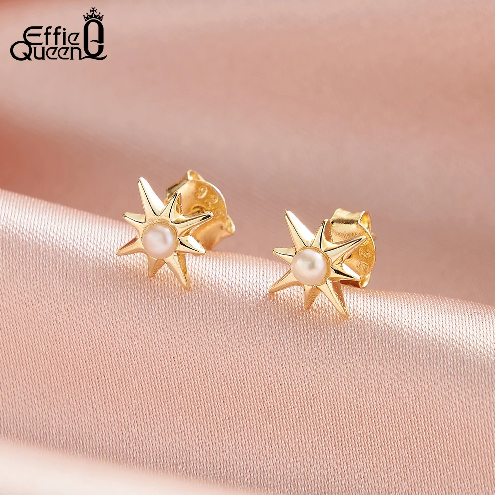 Effie Queen 2.5-3mm 2pcs Natural Freshwater Round Pearl Stud Earrings 925 Sterling Silver Star Style Fashion Item Present GPE113