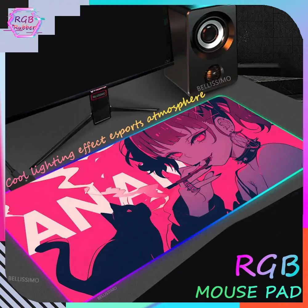 

Pink Girls RGB Anime Rubber Mouse Pads XXL Cute Black Kitten Large LED Lighting Computer Pad Colorful Glowing Desk mat Backlight