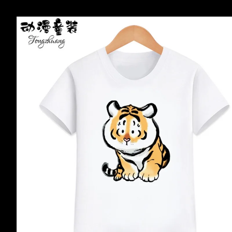 Camiseta de manga curta para meninos e meninas, camiseta de tigre de meia manga solta infantil, moda pequena e grande, nova