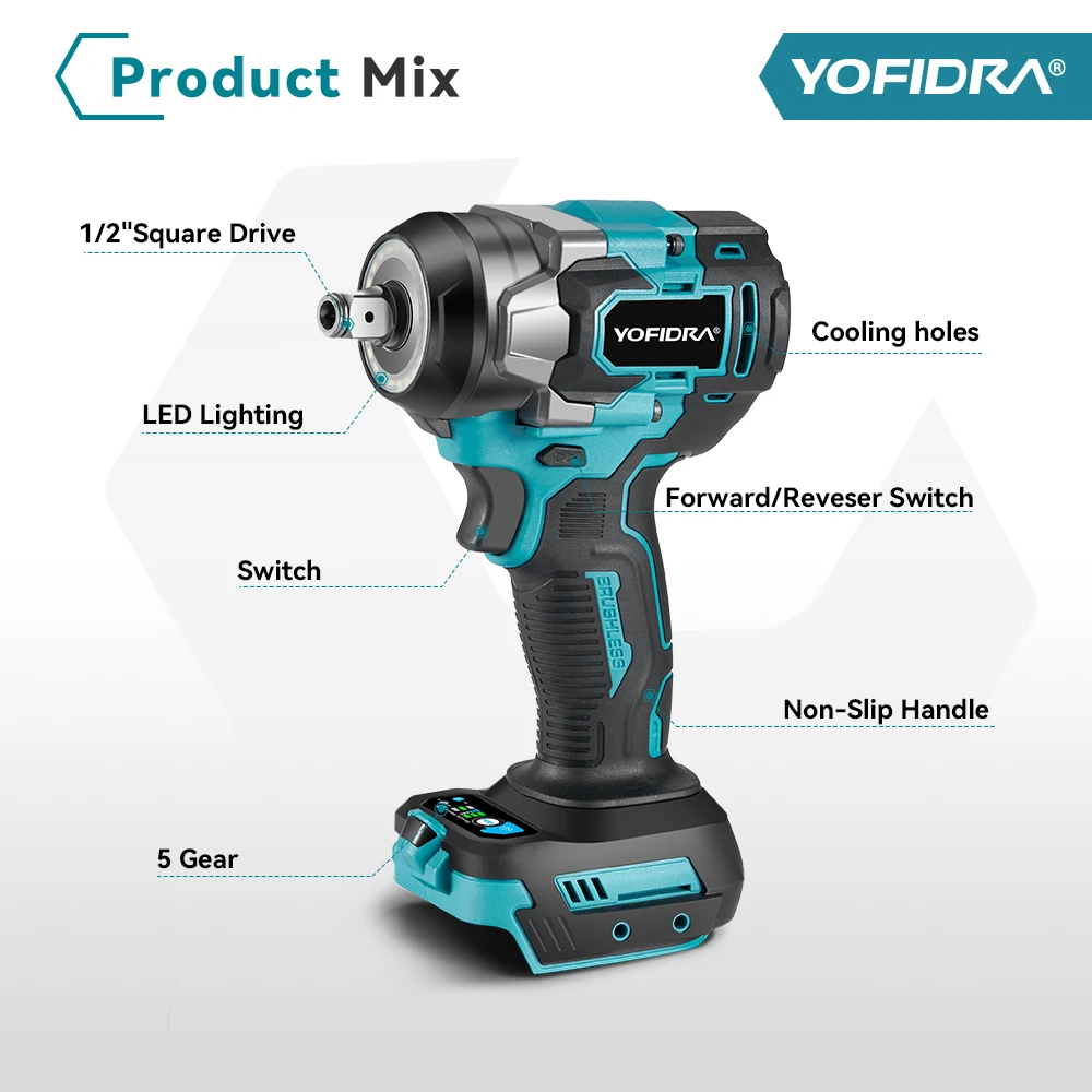YOFIDRA 1200N.M Brushless Electric Impact Wrench 5 Gears 1/2\