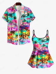 vestidos de talla grande Plus Size Matching Hawaii Beach Outfit for Couples Fashion Colorful Ombre Galaxy Coconut Tree Print