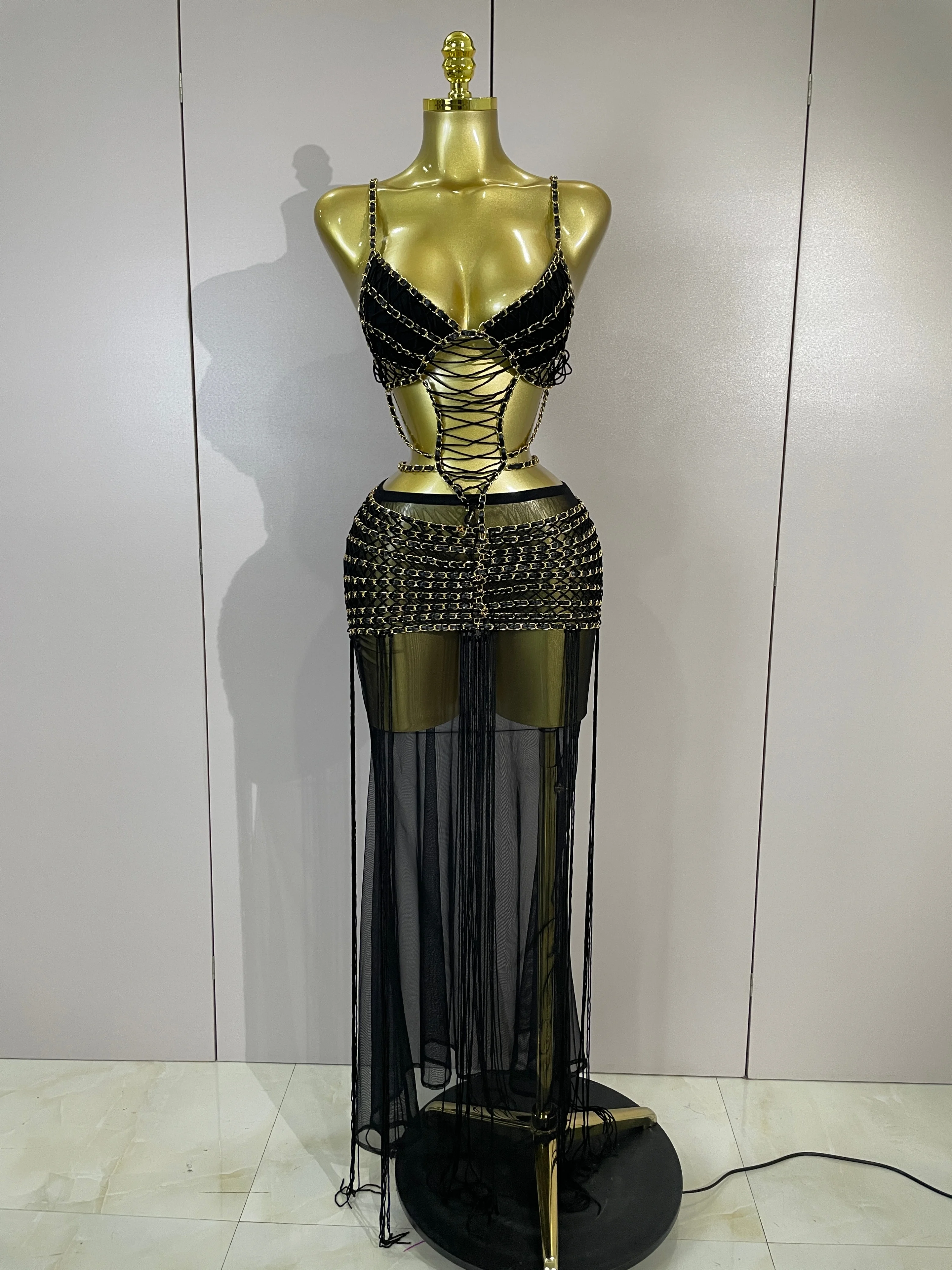 Sexy Black Halter Sequins Tassel Hollow Out Transparency Long Maxi Dress Women Eveing Celebrate Birthday Party Nightclub Outfit