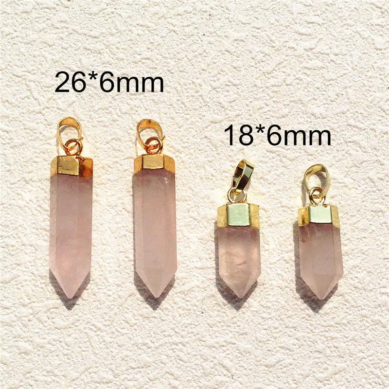 FUWO 1Pcs Rose Quartzs Point Pendant, Golden Plated Spike Shape Raw Crystal Accessories For Jewelry Making PD119