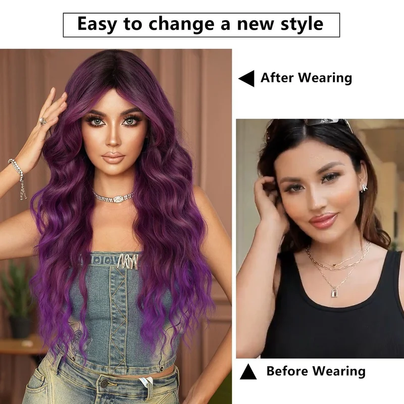 Monet purple  gradient long curly hair big waves naturally fluffy full head