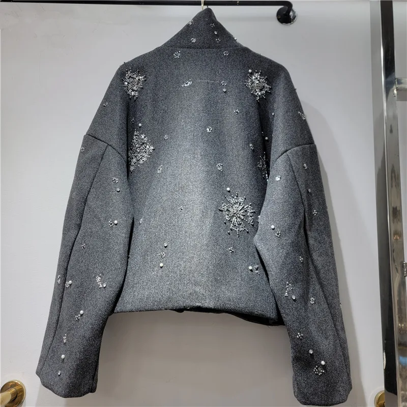 HKSH Women Jacket Street Style Vintage Loose Stand Collar Embroidered Flares Sequins Zipper Design Casual Dark Punk Coat HK26763