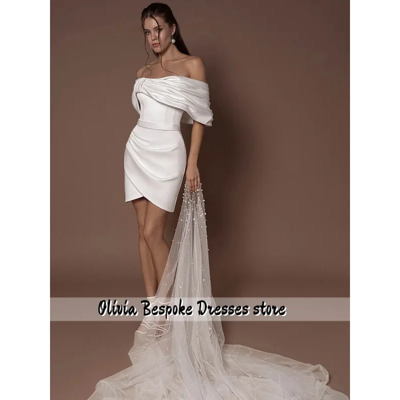 Classy Wedding Dresses Satin Sheath/Column Wedding Party Dresses Ivory Off-the-shoulder Pleat Cap Sleeve Wedding Customized