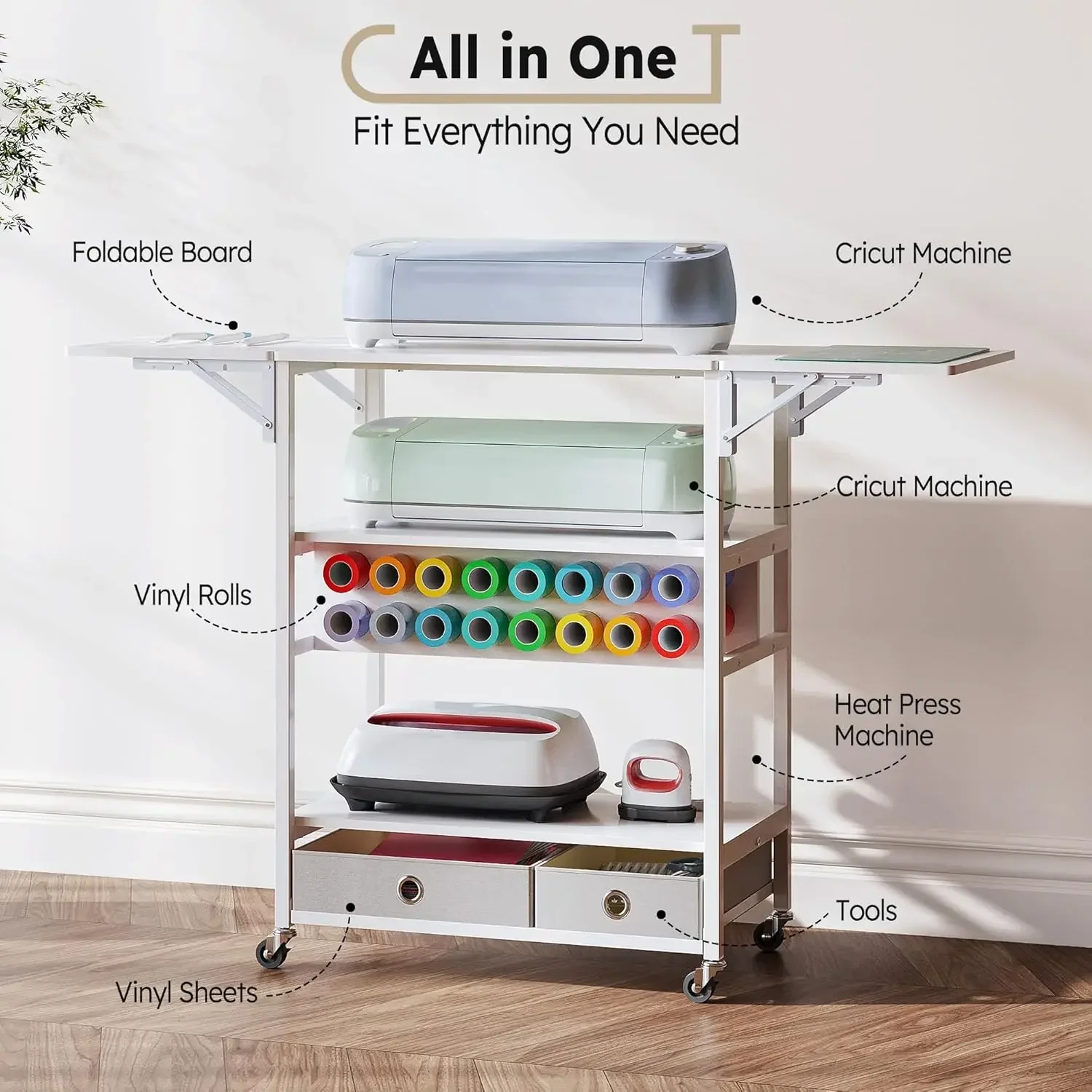 Cart Compatible with Cricut Machine, Collapsible Crafting Table with Foldable Sides, Rolling Storage Organizer Craft Workstation