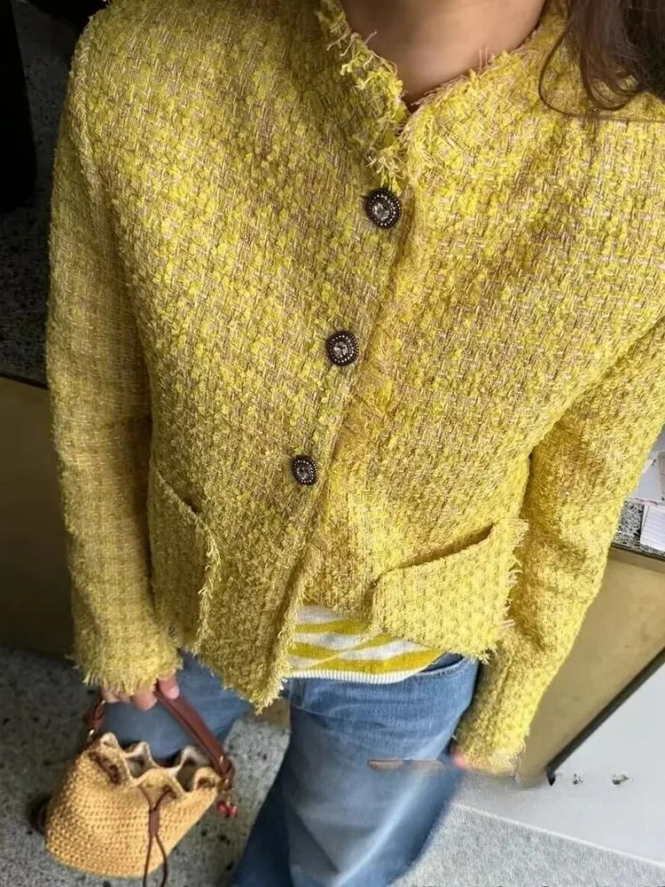 

KONDALA Casual Butter Yellow Women Jackets Long Sleeve Buttons Tassel Office Coat Fashion 2025 Autumn Winter Streetwear Outwears