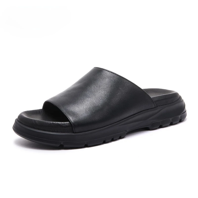 

High End Fashion Black Cowhide Slippers Men's Summer Shoes Sport Casual Slip on Open Toe Sandals Male Genuine Leather