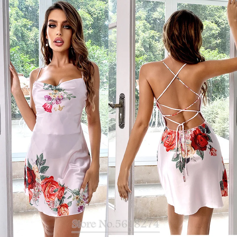 Sexy Back Bandage Nightgown Satin Sleepshirt Chemise Sleepwear Ladies Underwear Lingerie Sexy Floral Print Home Dressing Gown