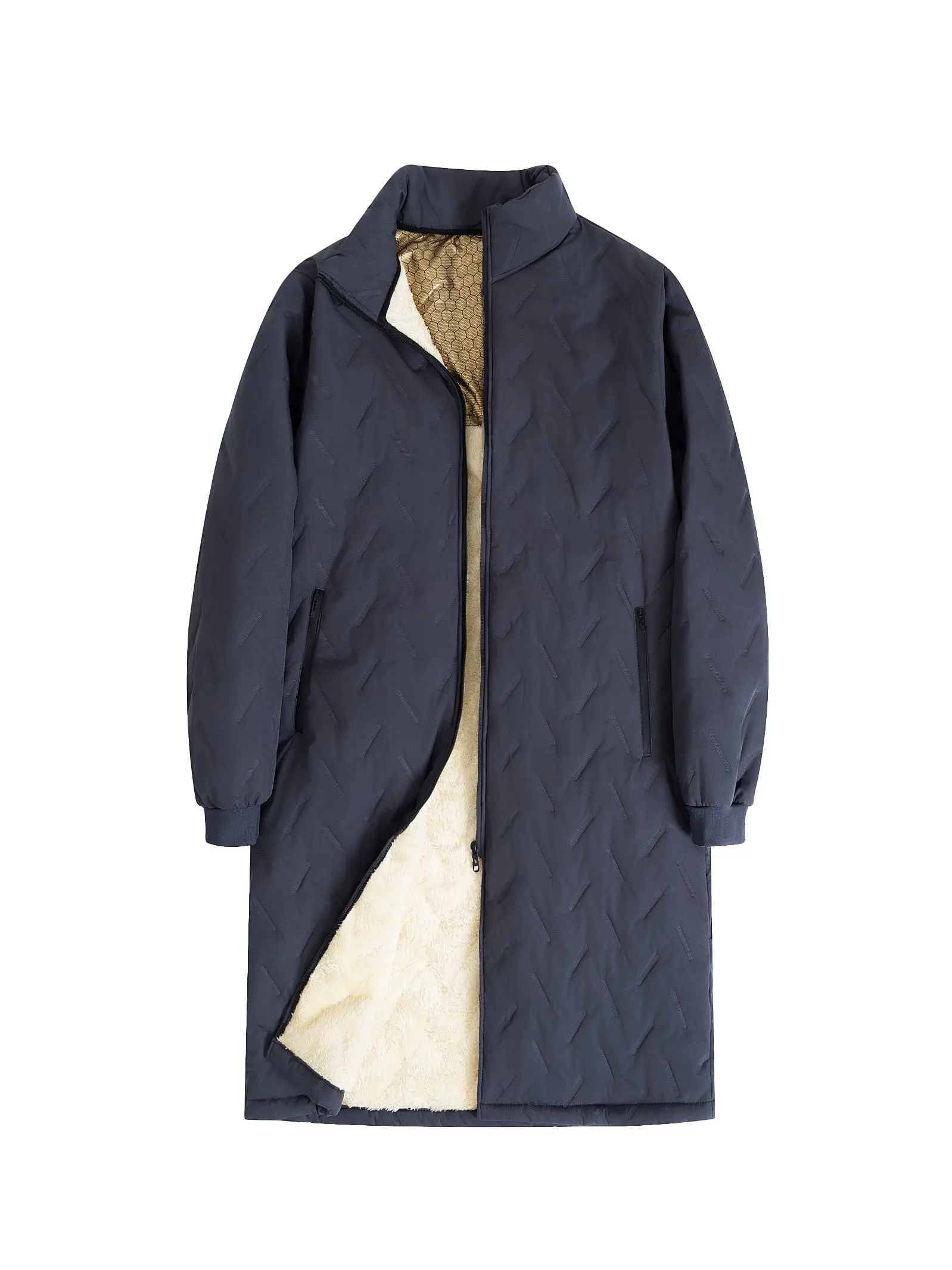 Men Mid-length Stand Collar Padded Coat, Quilted Stitch Craft, Lined Thick Warm Inner, Full Zipper Front, Side Zipper Pockets, Rib Cuffs, Loose Fit, Winter Outdoor Warm Long Jacket