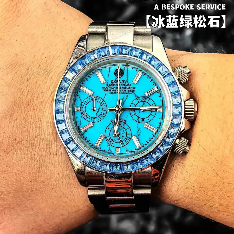 OKPLAY Men Chronograph Watch 39.5mm Customized Modified Quartz Wristwatch Sapphire 100m Waterproof Triple Windows Turquoise Dial