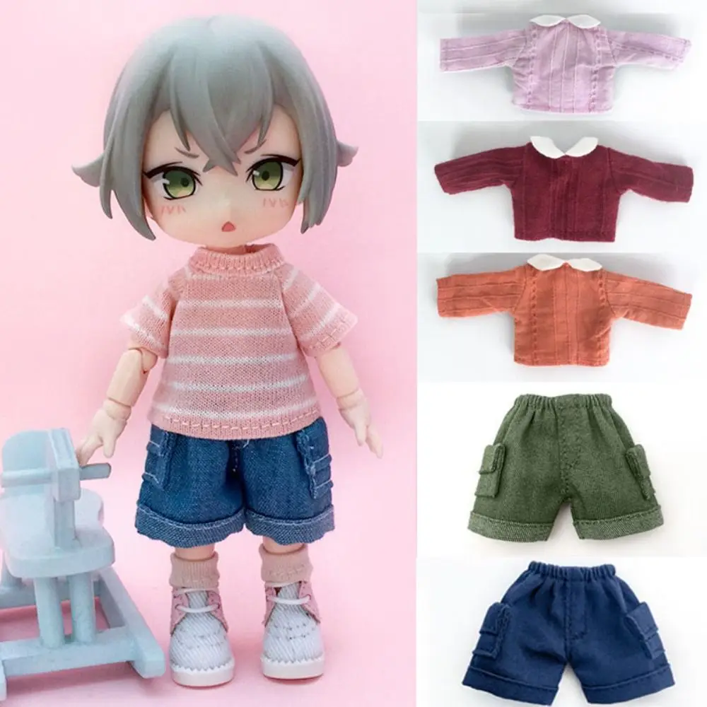 Fashion Casual Round Collar Long Sleeved Shirt Handmade Doll Shorts For 1/11 OB11 Doll Jeans Pants Clothes For 1/12 BJD Dolls