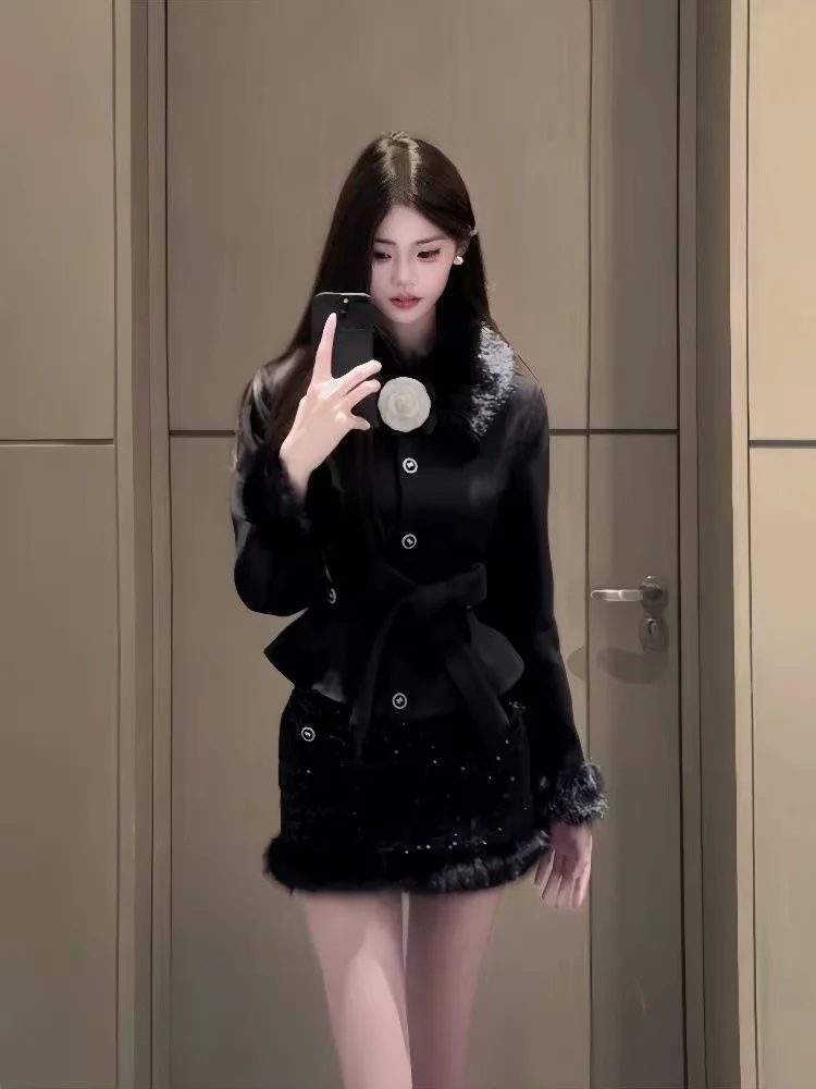 

Зимний корейский модный женский комплект из двух предметов, шнуровое пальто + облегающая мини-юбка с блестками, элегантная французская женская одежда