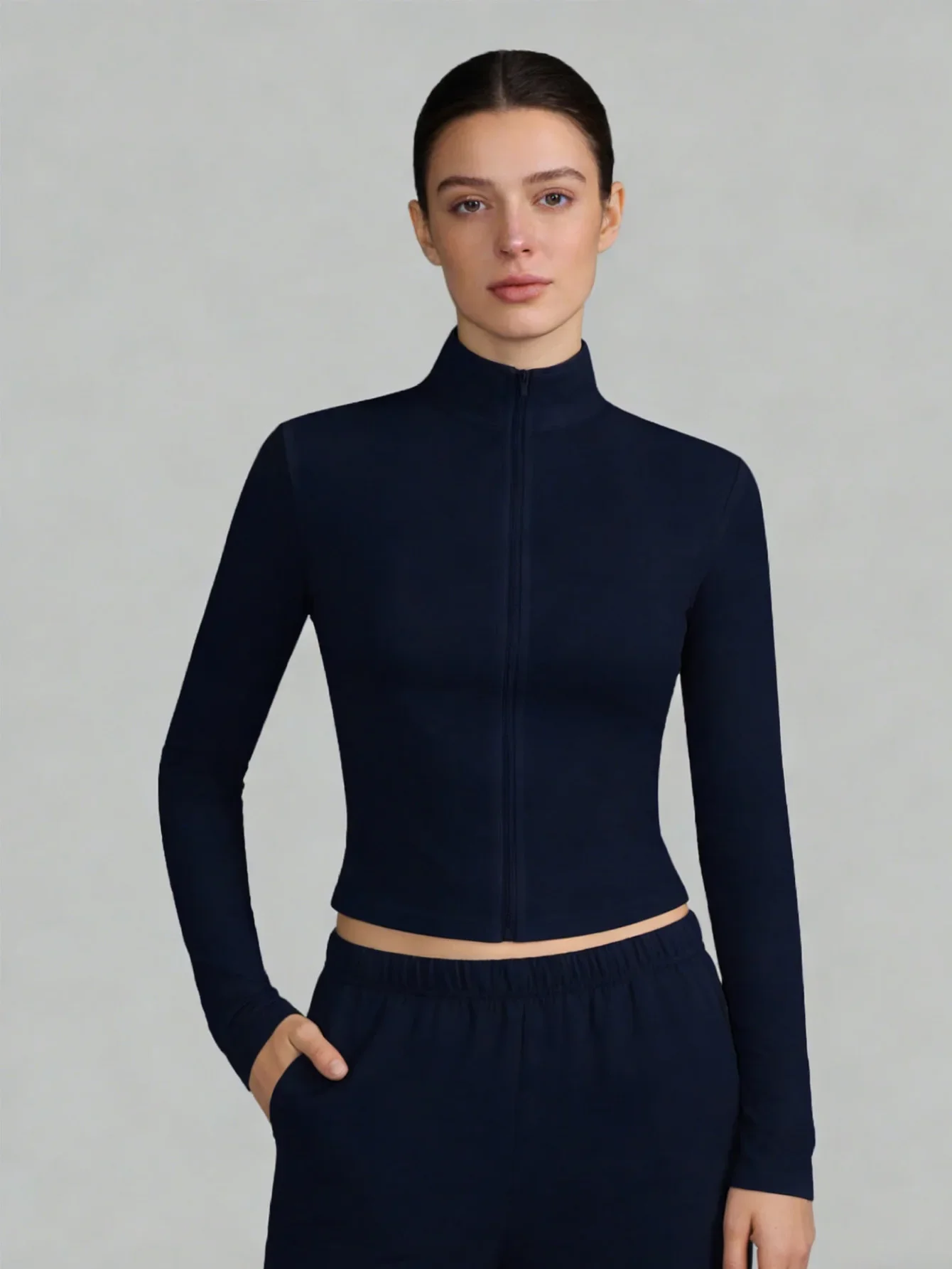 

Женский кардиган на молнии с воротником-стойкой и длинными рукавами, облегающий и стройнящий топ в стиле «спайси гёрл»