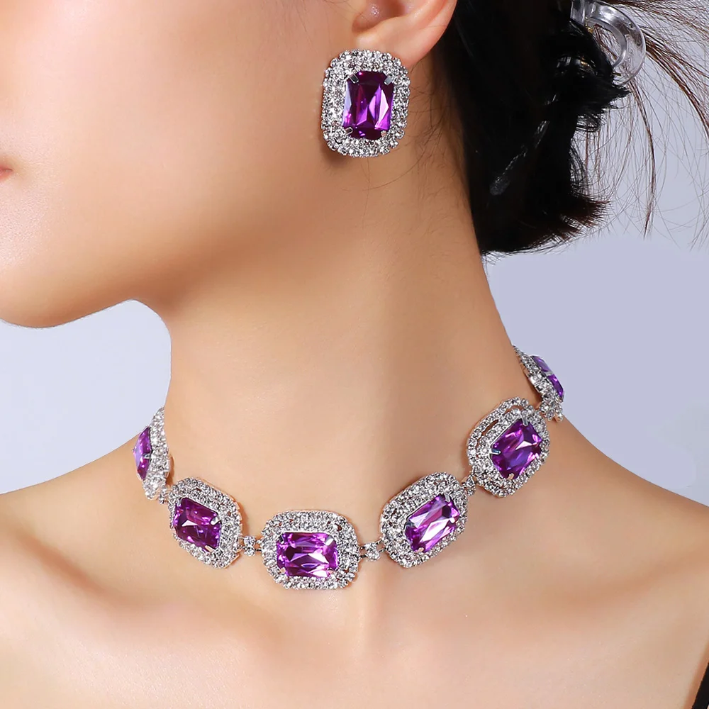 Stonefans Rhinestone Purple Necklace Earrings Set Elegant Bride Wedding Vintage Bridal Jewelry High Quality Accessories Women