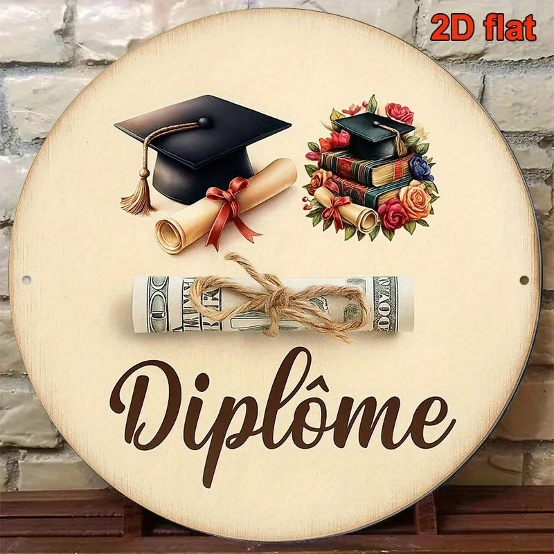 2D Flat, 1pc Vintage French Diploma Medal-Like Plaque - 8-Inch Round Graduation & Diploma Scroll with 