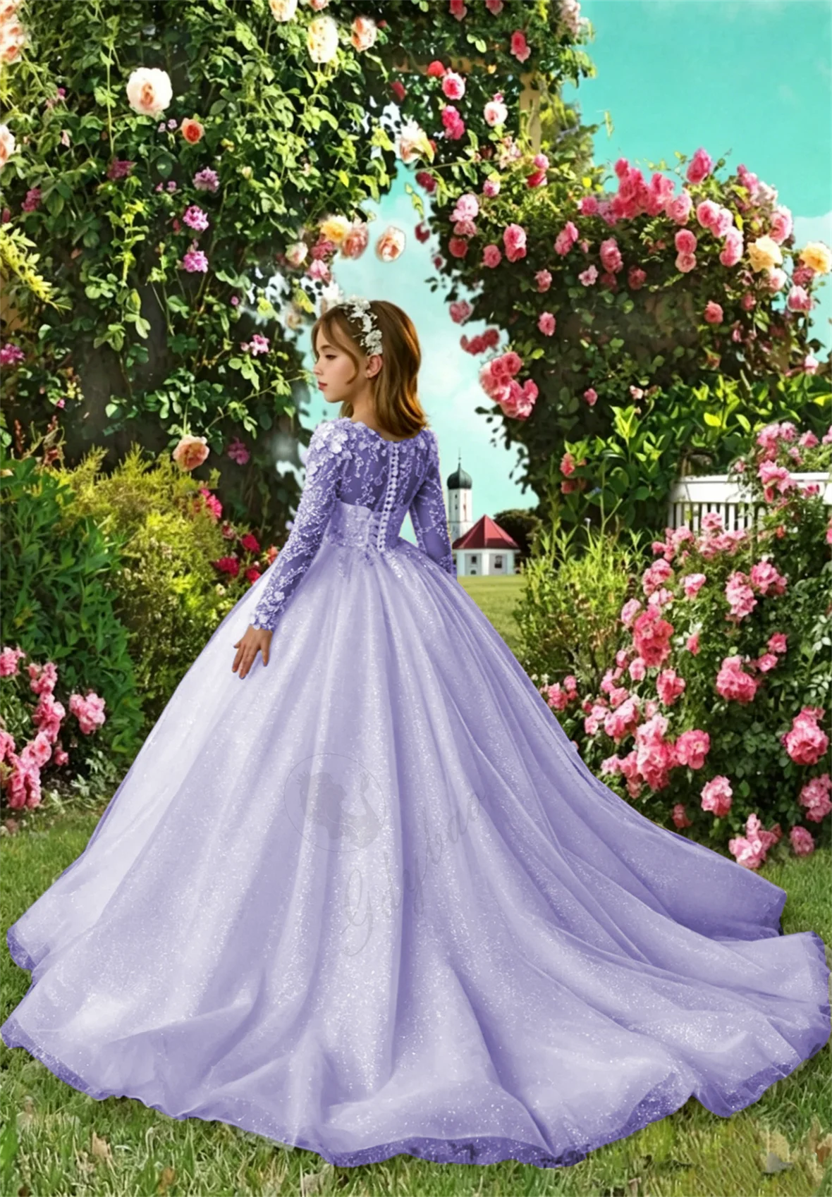 Luxury Custom Kids Dresses with 3D Decal Performance Wear Classic O-neck Full Sleeve Princess Wedding Bridesmaid Gown for Girls