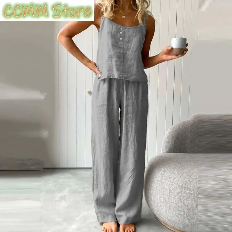 Spring Casual Plain Cotton Linen Women Pants Suit Sexy Button Suspender Top Pajamas Set New Summer Vintage Homewear Outfits