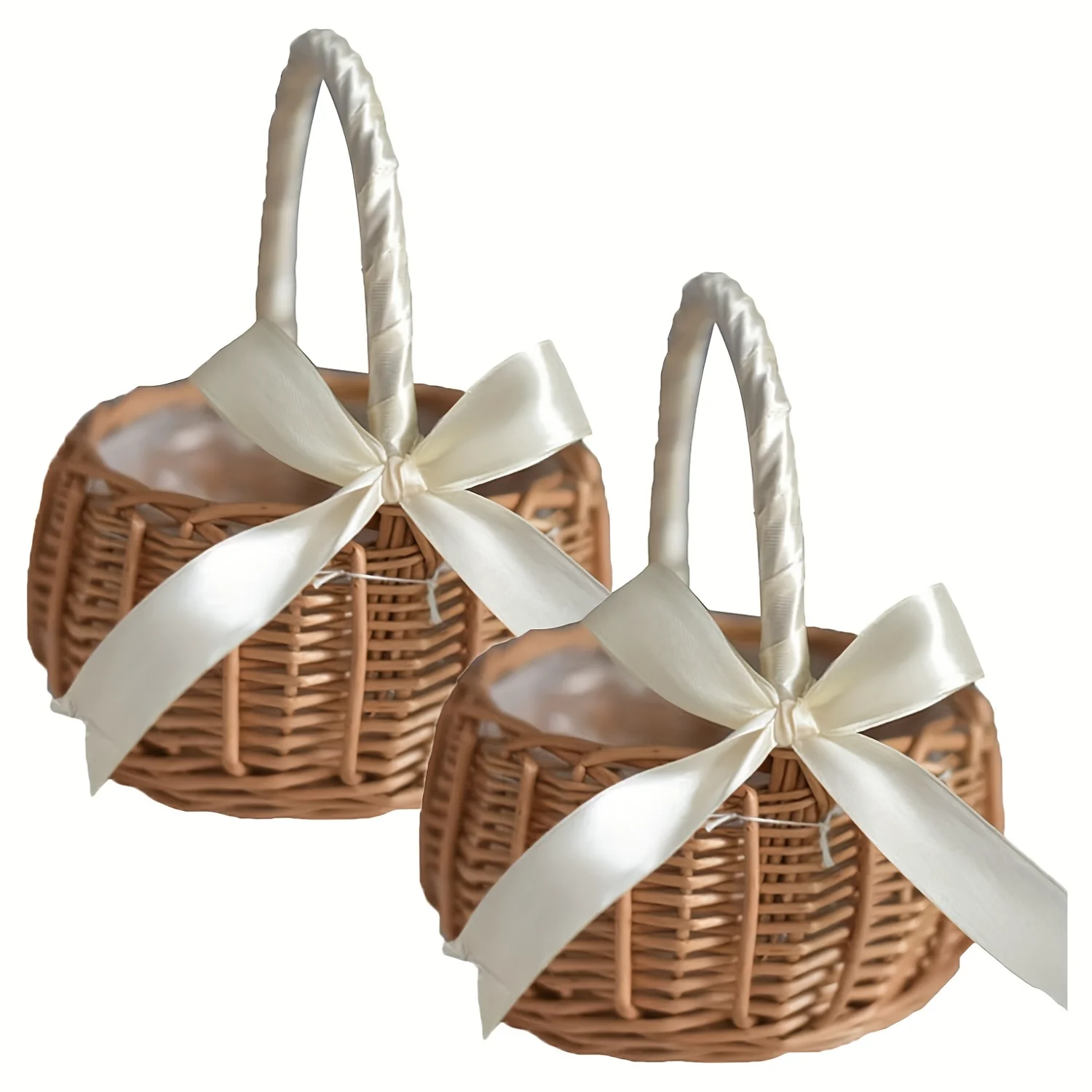 

Wicker Rattan Flower Basket With Handle, Romantic Flower Girl Basket, Bowknot Decor Wedding Basket, Flowers Candy Small Gift Con