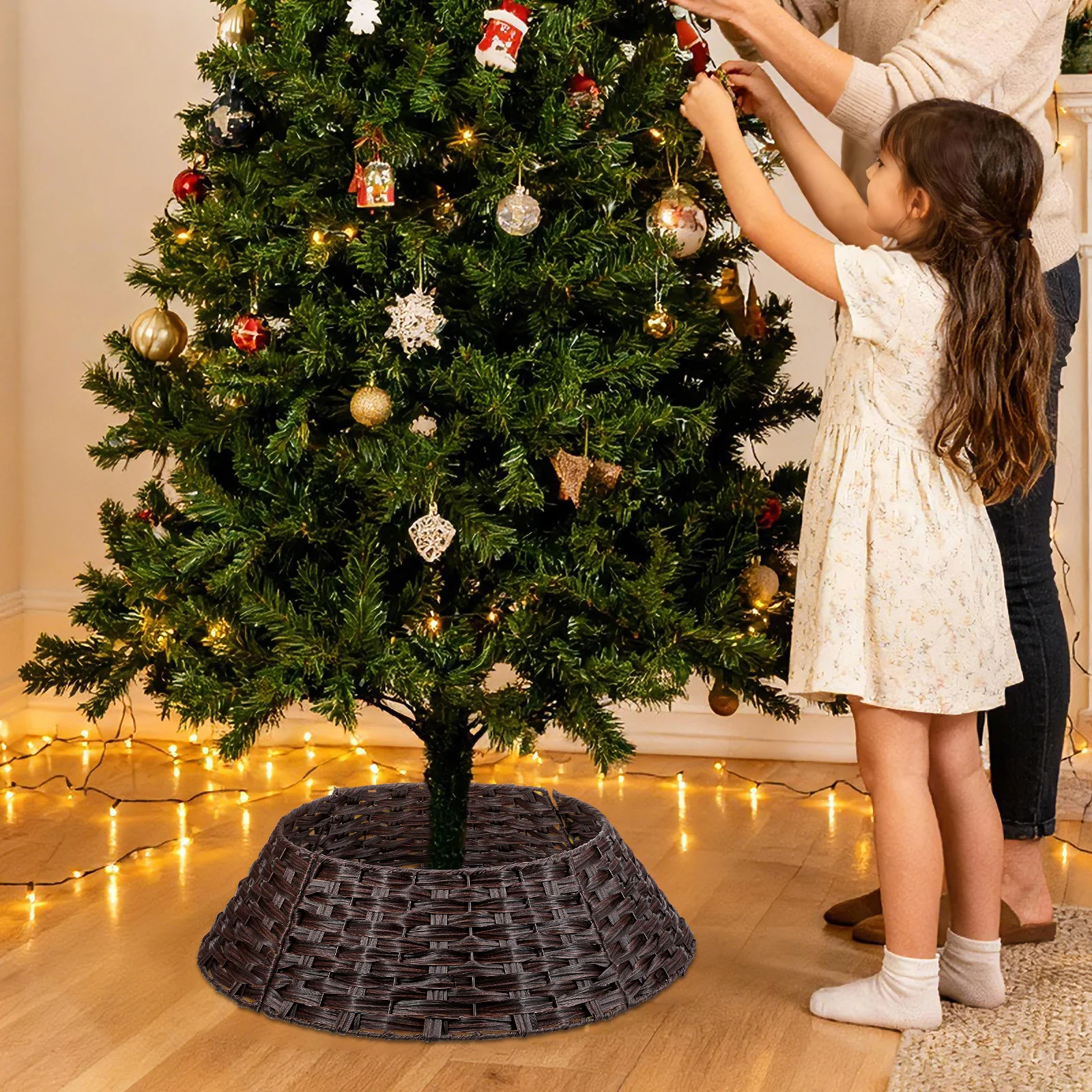 

Christmas Tree Skirt Plastic Rattan Basket Cover For Artificial Trees Farmhouse Xmas Decor Under Tree Collar Party Decoration