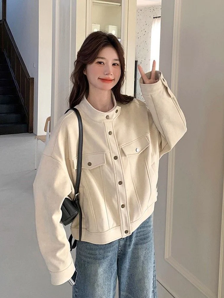American Faux Suede Jacket Women Fall Sweet Preppy Style Long Sleeve Coat Vintage Casual Loose Female New O Neck All Match Tops