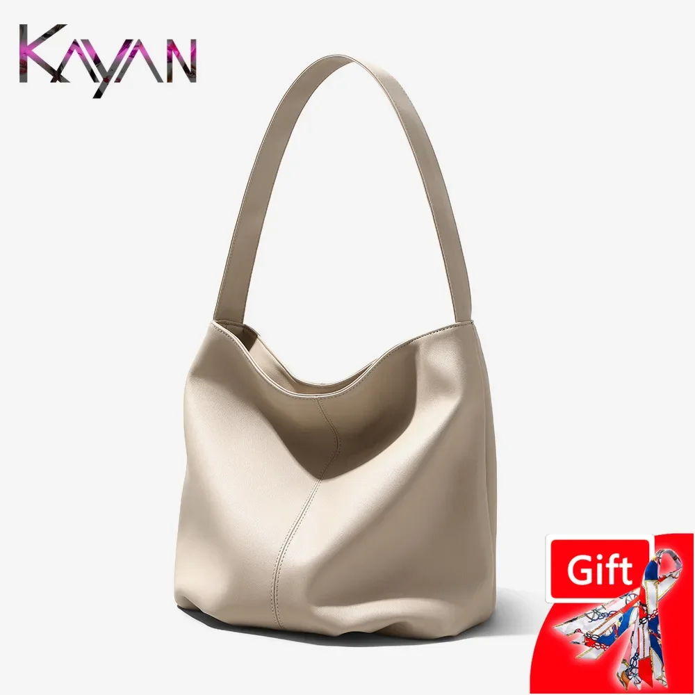 Smooth Pattern Casual Lazy Style Genuine Leather Female Underam Shoulder Bucket Hobo Bag Versatile Cowhide Female Tote Handbag