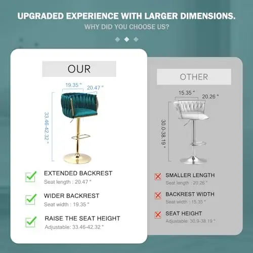طقم كراسي بار مخملية خضراء مكونة من 4 قطع - كراسي دوارة قابلة للتعديل بأرجل ذهبية