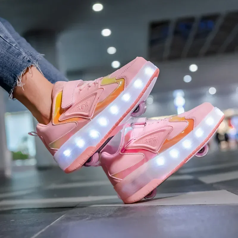 Children Two Wheels Luminous Glowing Sneakers Black Pink Led Light Roller Skate Shoes Kids Led Shoes Boys Girls USB Charging