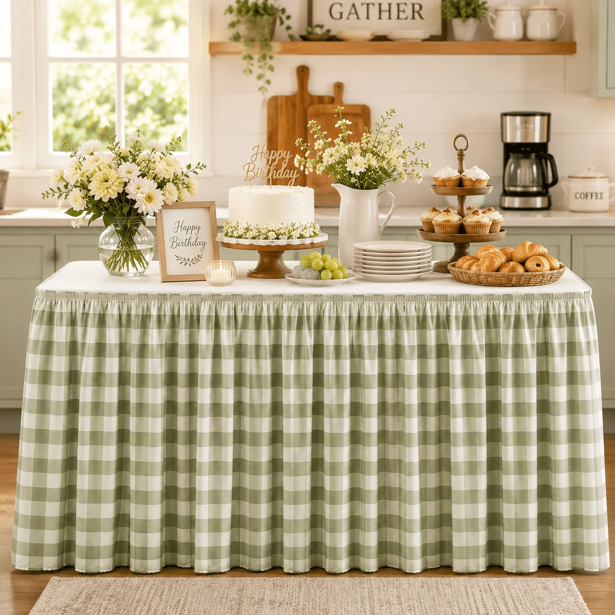 1 sage green and white checked ruffle edge table skirt,