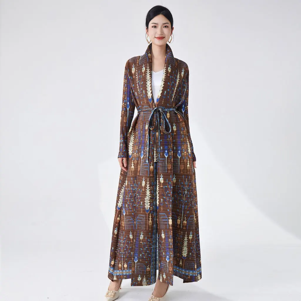 

Miyake Women's Vintage Ethnic Print Coat Lapel Loose plus Size Fashionable All-match Spring Autumn Outerwear