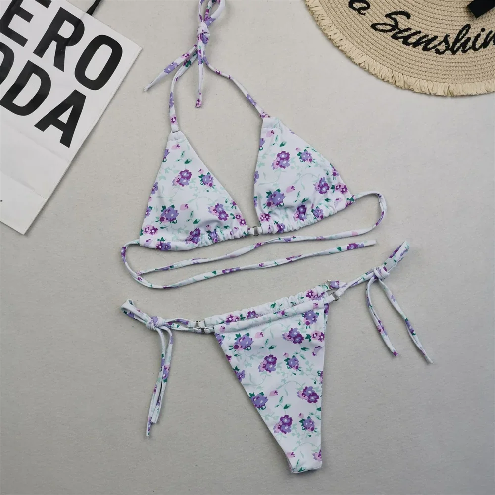 Cute Floral Bikini Micro String Backless Swimsuit Vacation Swimwears Y2K Trend Women Beach Bathing Suit Bikinis Set Tangas Mujer