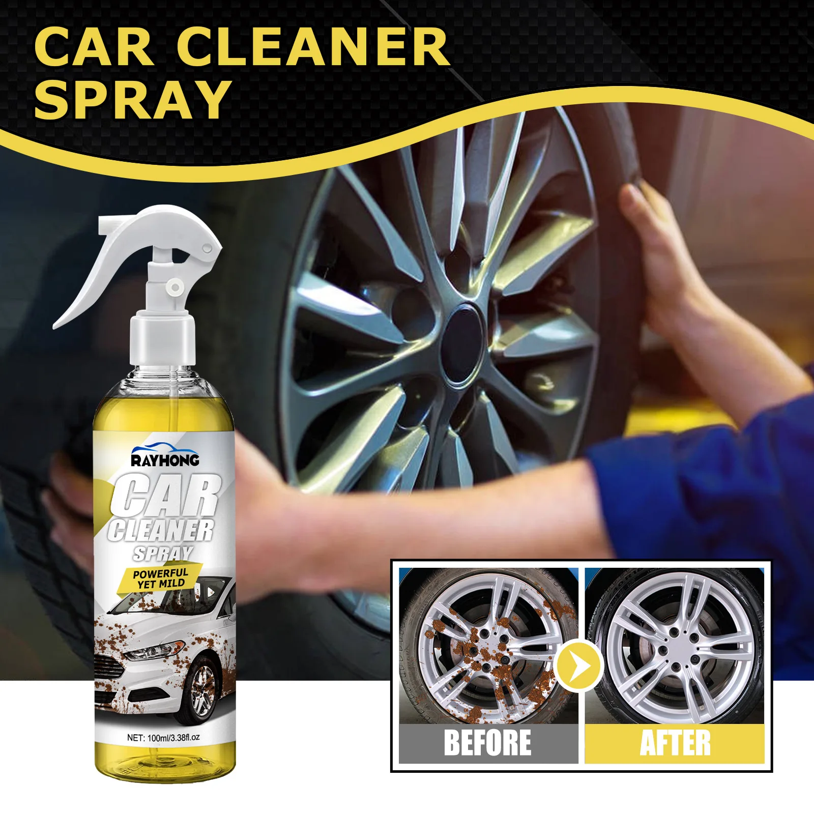 

CAr Cleaner Spray 100ml - Multi-Surface Cleaner for Paint, Windows & Rims, Removes Oil, Dirt & Brake Dust Without Scrubbing