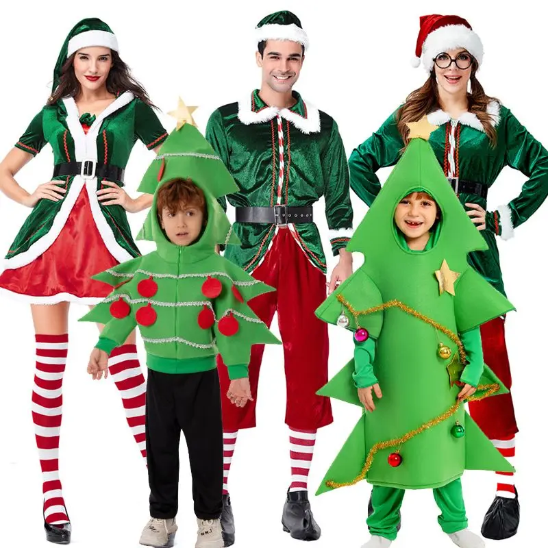 Świąteczne stroje rodzinne do cosplayu: Święty Mikołaj, elf, choinka, pudełko prezentowe, stroje sceniczne, pasujące ubrania dla dzieci i dorosłych.