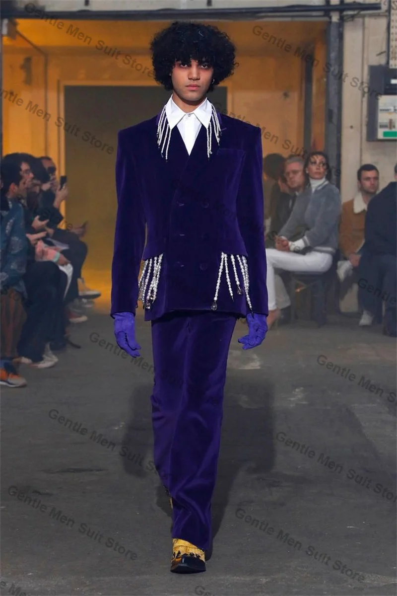 

Purple Velvet Men Suits Pant 2 Piece Blazer With Pearls+Trouser Prom Wedding Tuxedo Male Coat Customized Formal Office Jacket