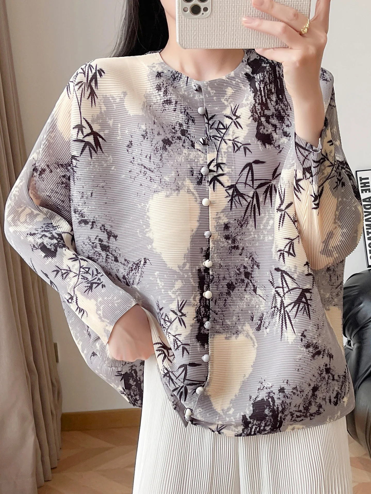 Loose Women's Shirt Casual Style Water-Mark Bamboo Shadow Print Pleated Versatile Slimming Vintage Spring Long Sleeve T-Shirt