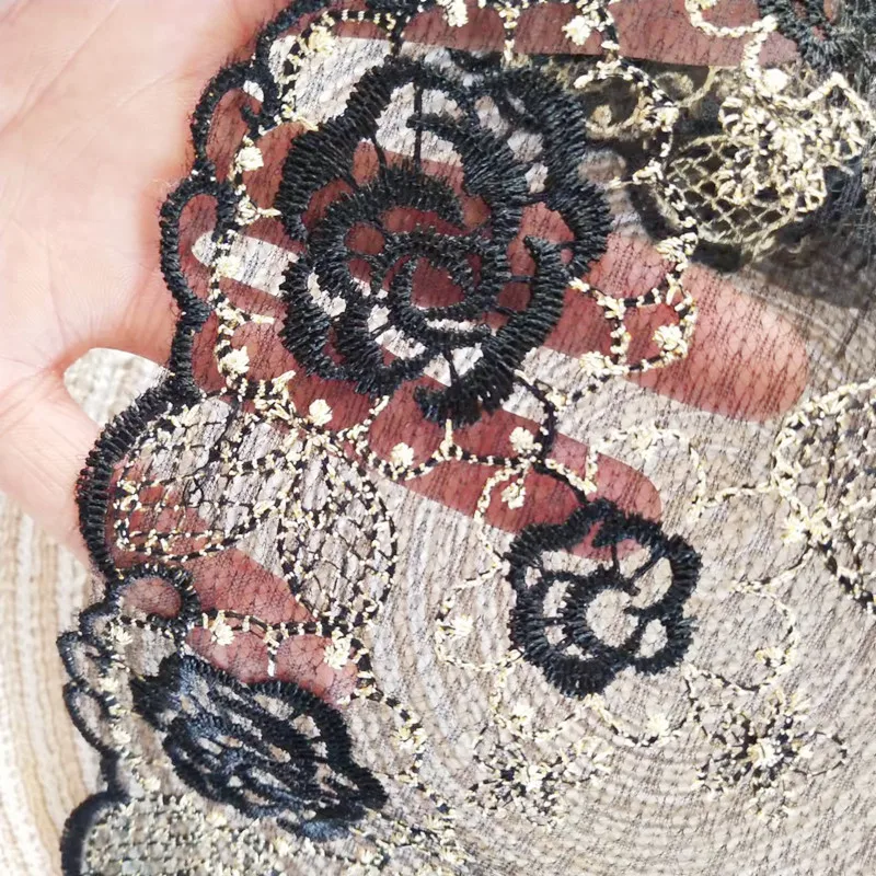 High Quality Black Mesh Gold Thread Embroidered Lace Fabric Dress Cheongsam Skirt Widening Sewing Home Decoration Accessories