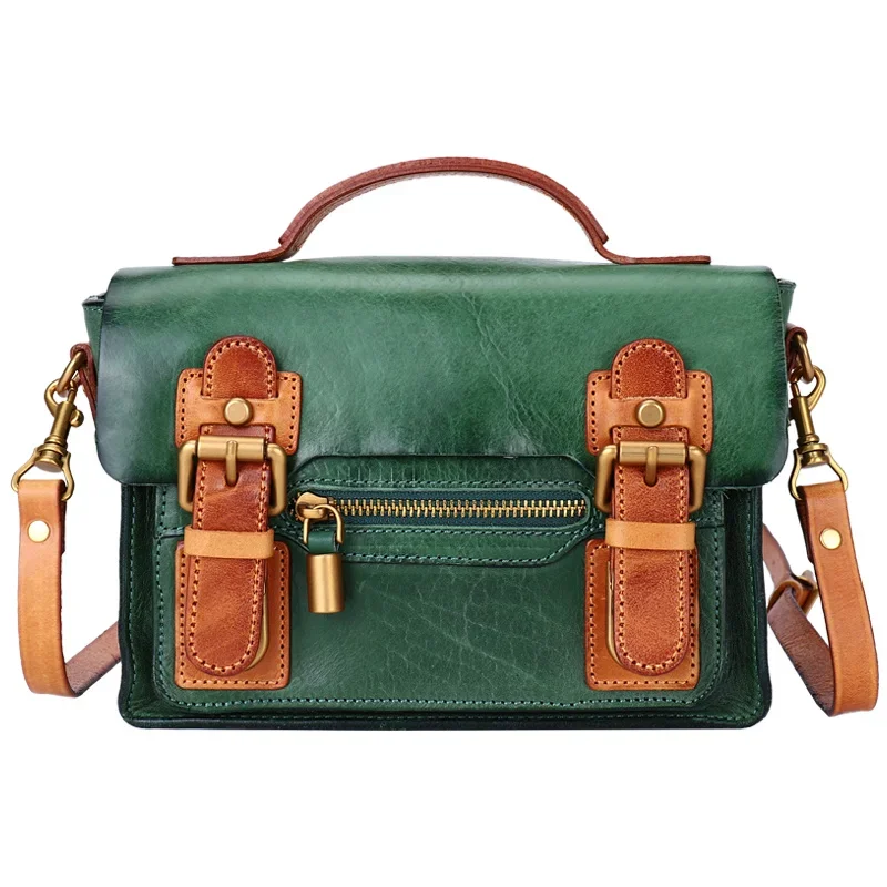 Contrasting colors British literary and retro shoulder bag genuine leather small satchel handmade cowhide