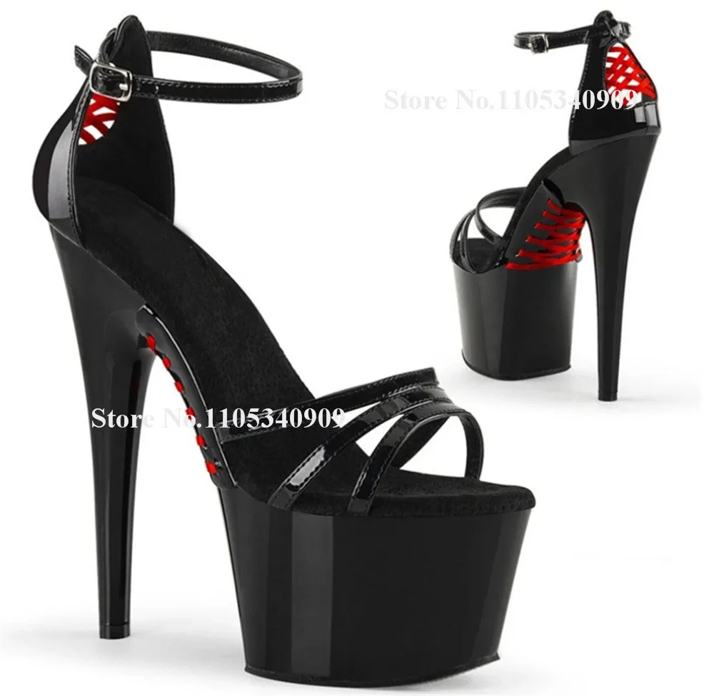 Bondarenko Black Patent Leather Straps Cross Stiletto Heel Sandals Open Toe Cut-out High Platform 17cm Thin Heel Dance Shoes