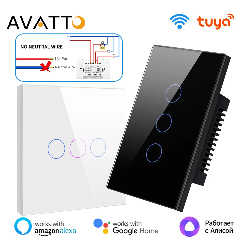 

AVATTO WiFi US/EU Light Switch Tuya App Remote Control Smart Touch Switch No Neutral Wire Required Work With Alexa Google Home