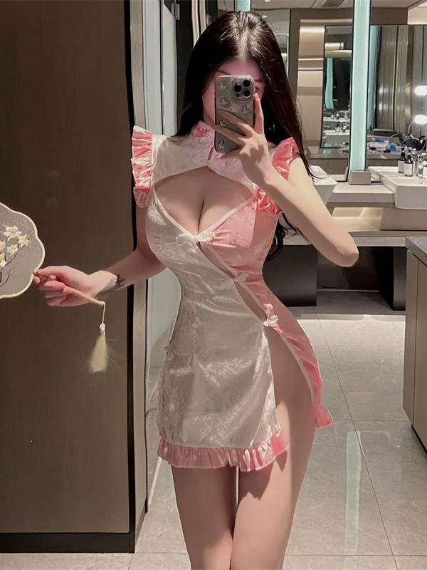 العاطفة ناضجة جديدة الوردي الثدي انفجار مثير عالية الشق مفتوحة الظهر شيونغسام مثير النمط الكلاسيكي فستان خادمة خاصة Y0M0