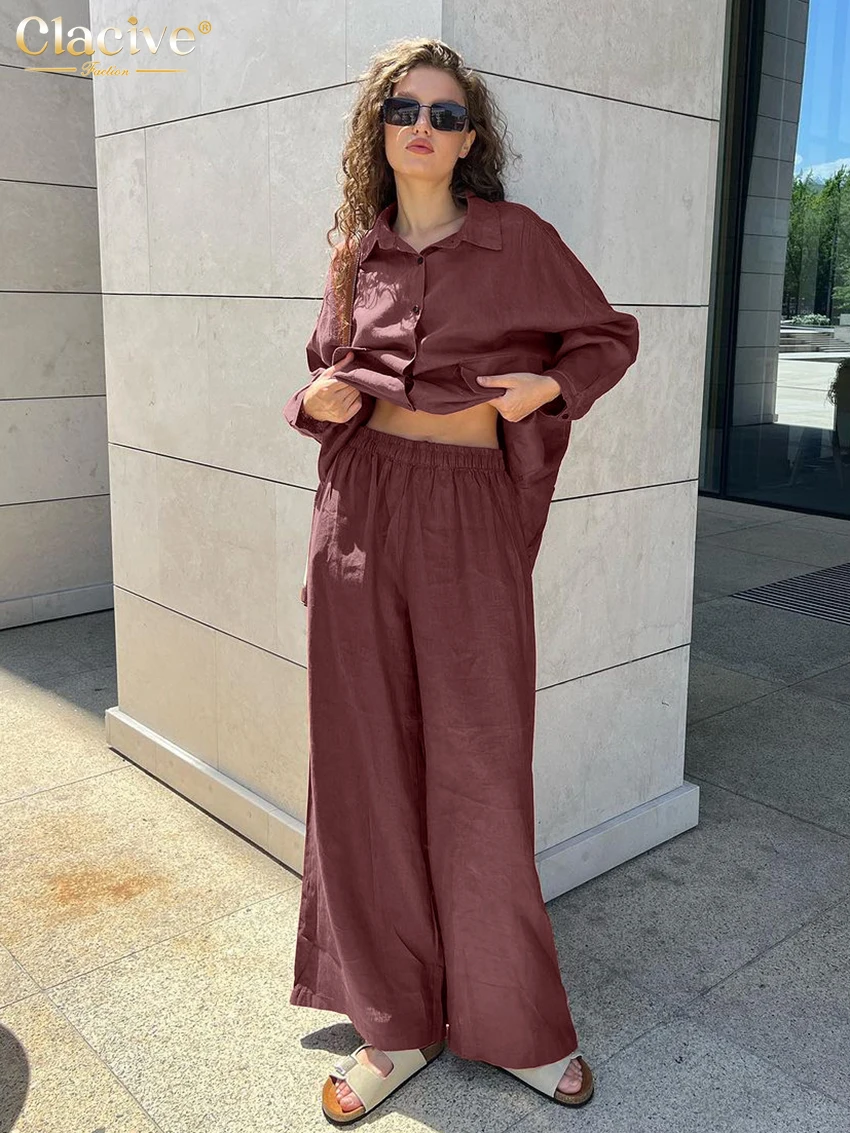 Clacive Fashion Loose Solid Cotton 2 Piece Sets Women Outfit Elegant Long Sleeve Blouse With High Waist Wide Pants Set Female