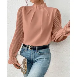 Spring Shirt New Patchwork Wave Pattern Chiffon Long Sleeved Top For Women Elegant Office Lady White Solid Pullover Woman Blouse