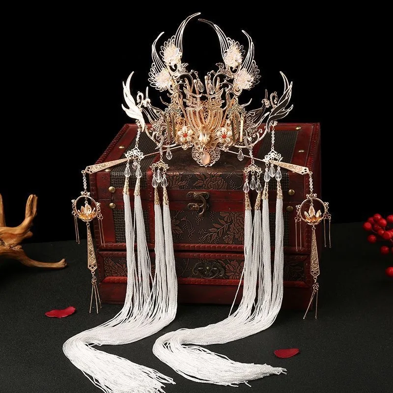 Handmade Ancient Chinese Fairy Style Hanfu Hair Crown Hairpin Set With Long Tassel Headdress For Cosplay Festival Party Events