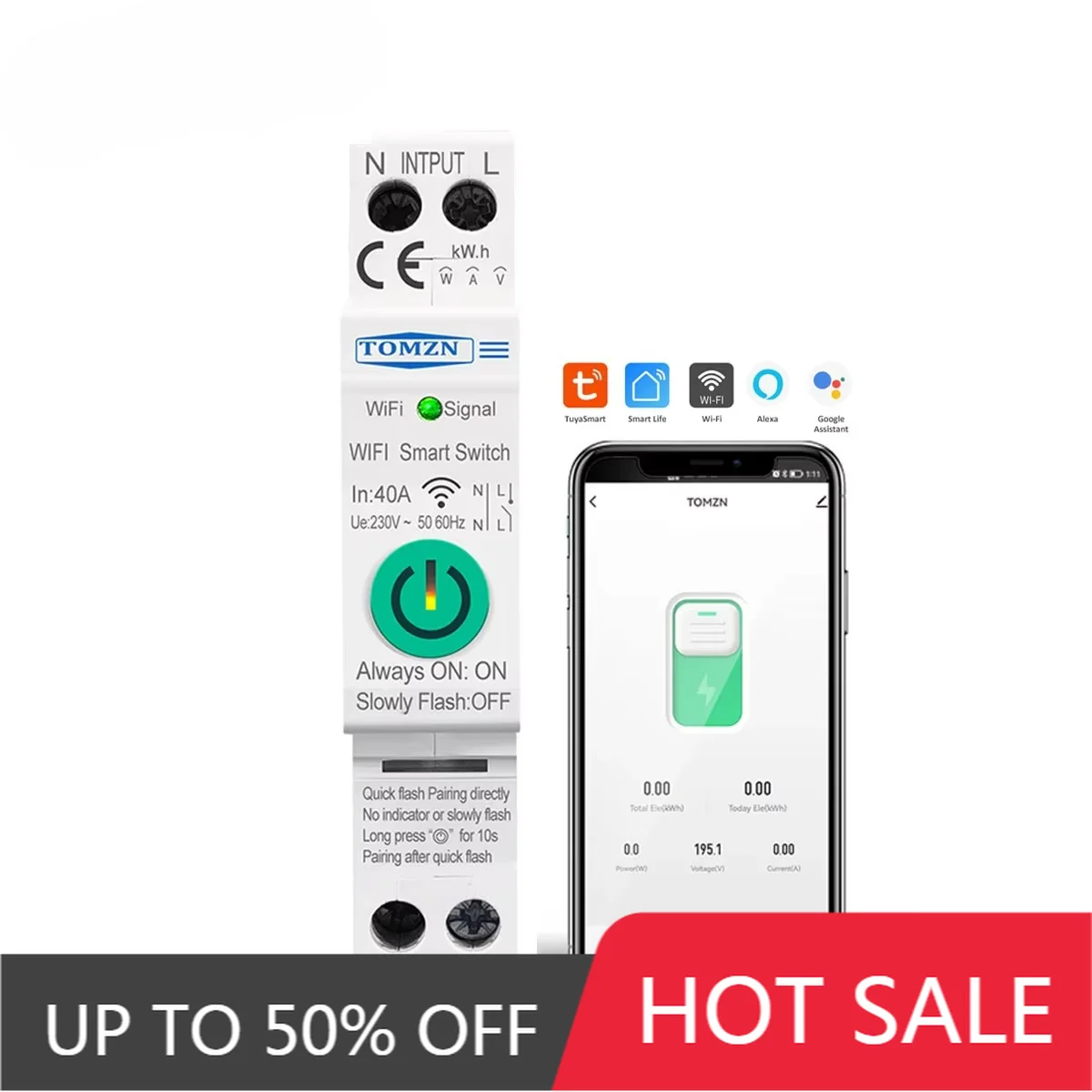 TOMZN 1P+N 40A Tuya WiFi Smart Breaker Energy Monitoring Timer Relay